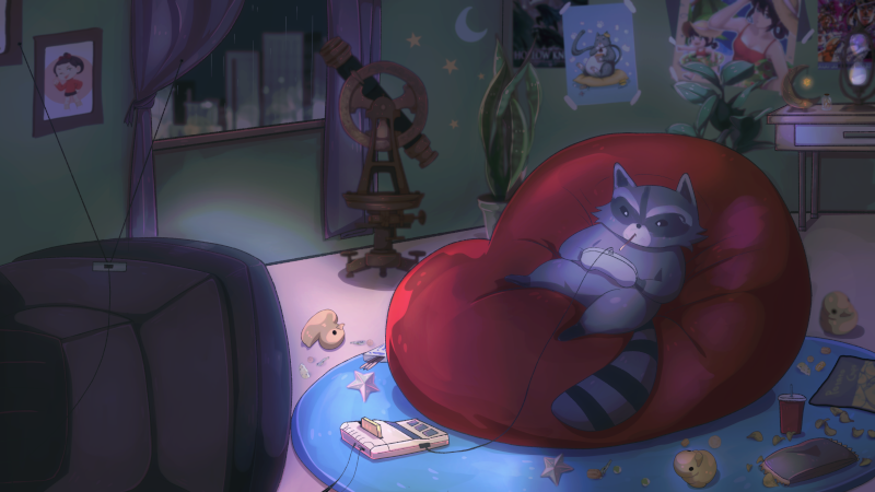 A picture of a raccoon sitting on a beanbag playing videogames.